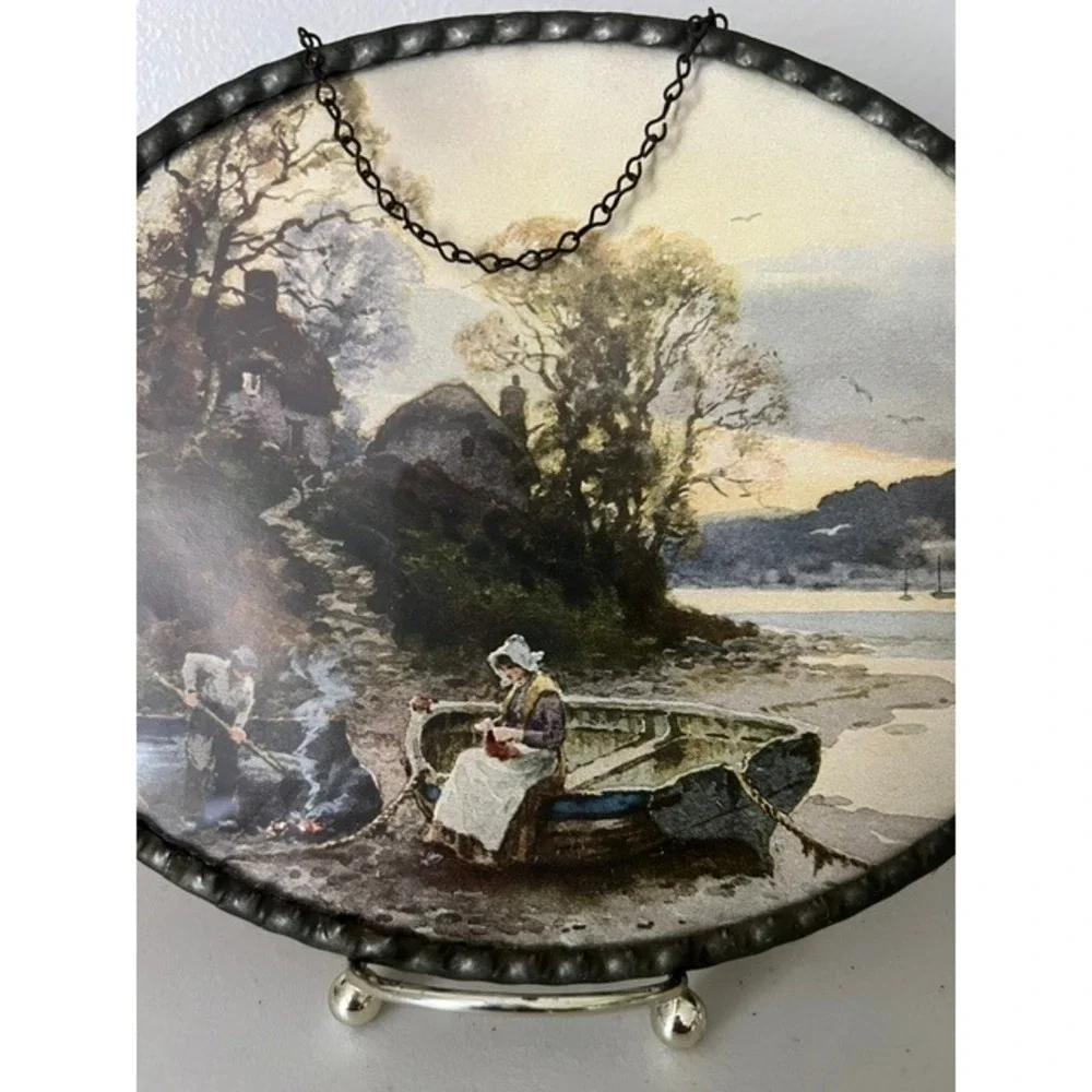 Vintage German Oval Wall Print Scalloped Metal Frame Coastal Village Scene 8x6